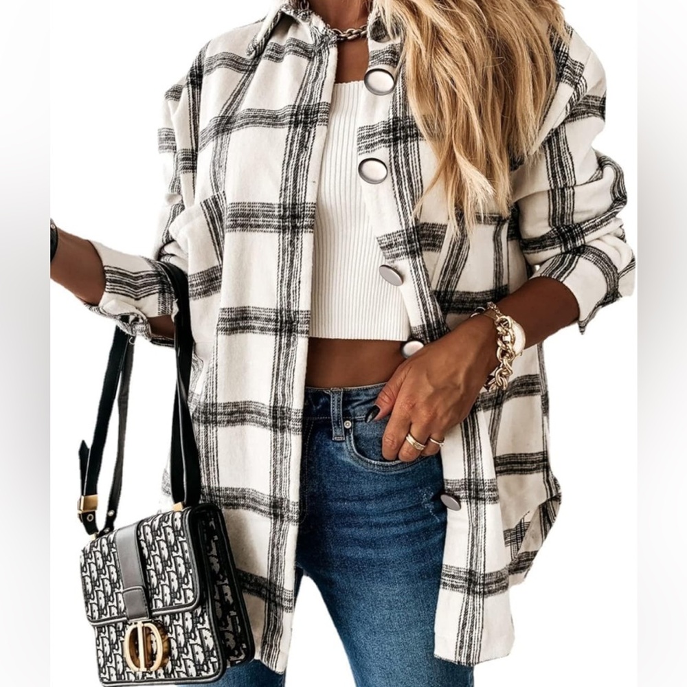Black White Plaid Oversized Shacket Silver Statement Buttons Medium